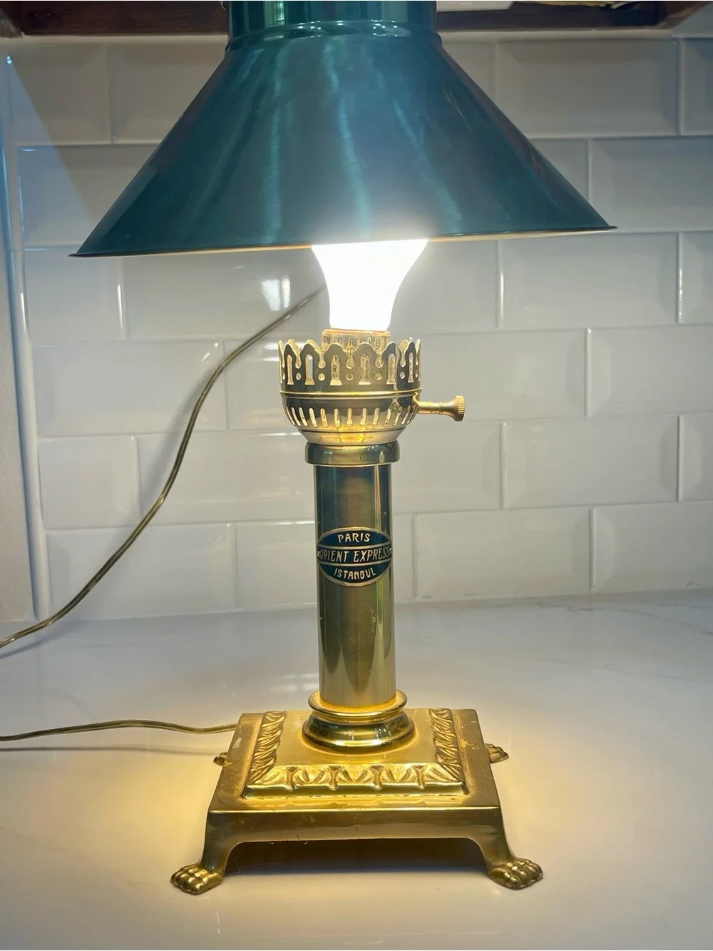 Brass Table Lamp Instanbul Adjustable Shade, Corded Knob, Orient Express Label